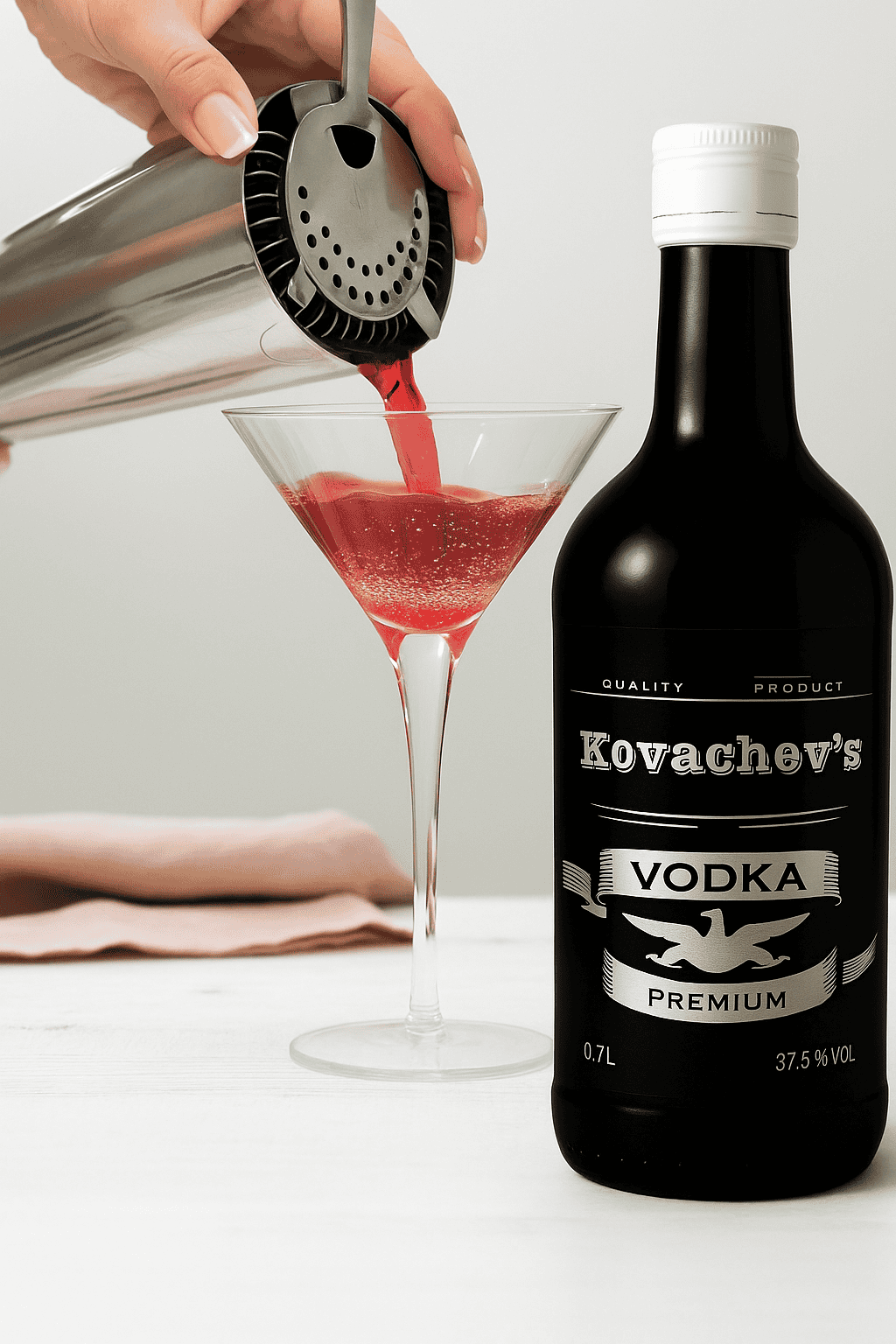 Premium Vodka being poured into a cocktail glass from Kovachev's Vodka bottle.